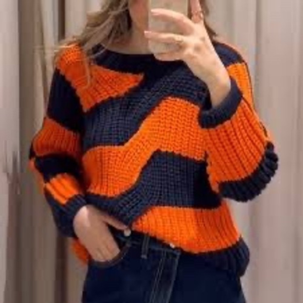 Zara Women Chunky Knit Striped Sweater Navy Orange Colorblock Oversized Crewneck